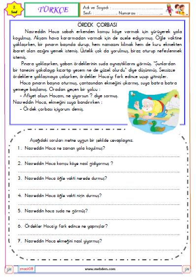 2. Sınıf Türkçe Okuma ve Anlama Metni Etkinliği ( Ördek Çorbası )